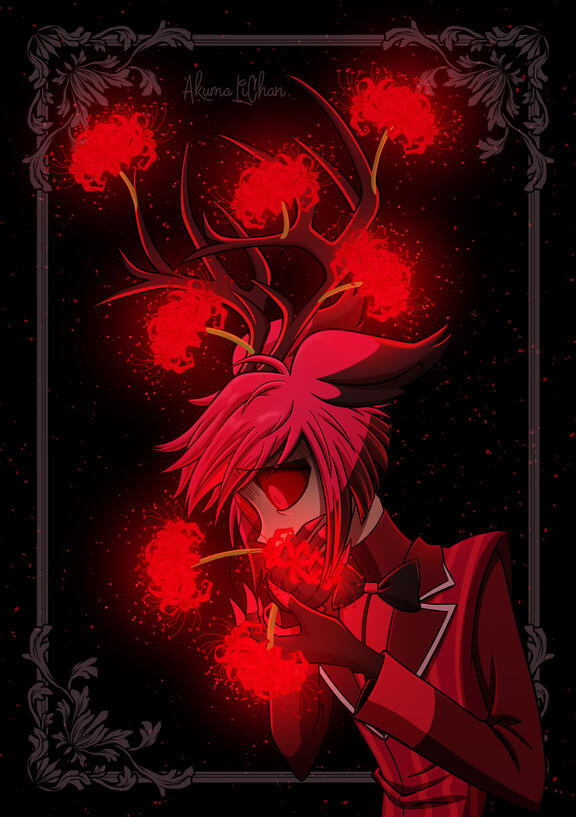 A fanart manga-style illustration of Alastor from Hazbin Hotel. He is coughing up red slider lilies with a disturbed expression while covering his mouth with his hands. His antlers are grown out with red spider lilies growing out of them. The color palette