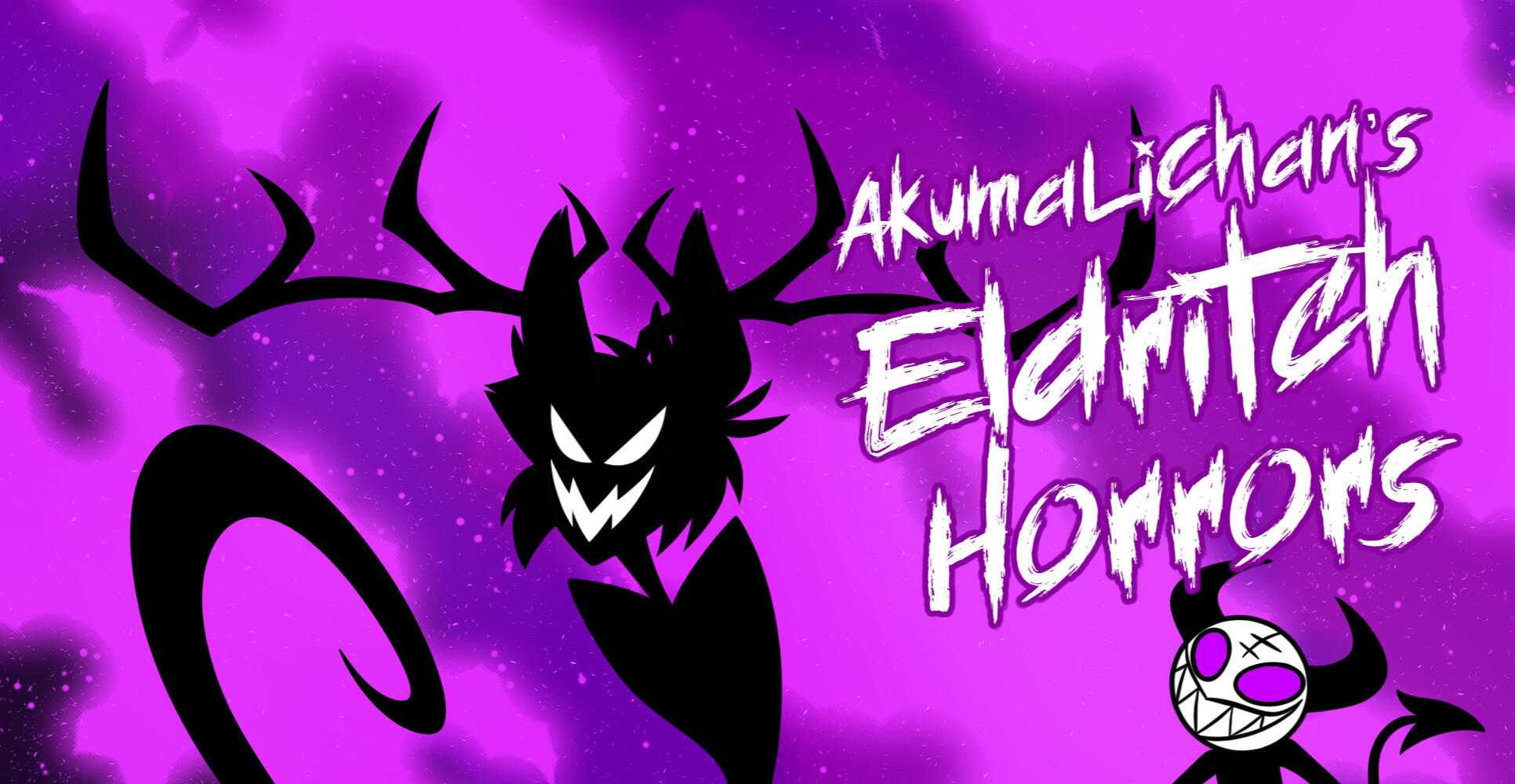 The text reads: "AkumaLiChan’s Eldritch Horror Patreon Banner". The background is purple with lighter purple flames. Alastor's shadow appears with a menacing smile along with one of his shadow poppets.